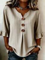 V Neck Half Sleeve Striped Printing Regular Micro-Elasticity Regular Fit Blouse For Women