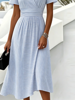 Women Striped Summer Dress V Neck Short Sleeve Beach Dress A-Line Dress