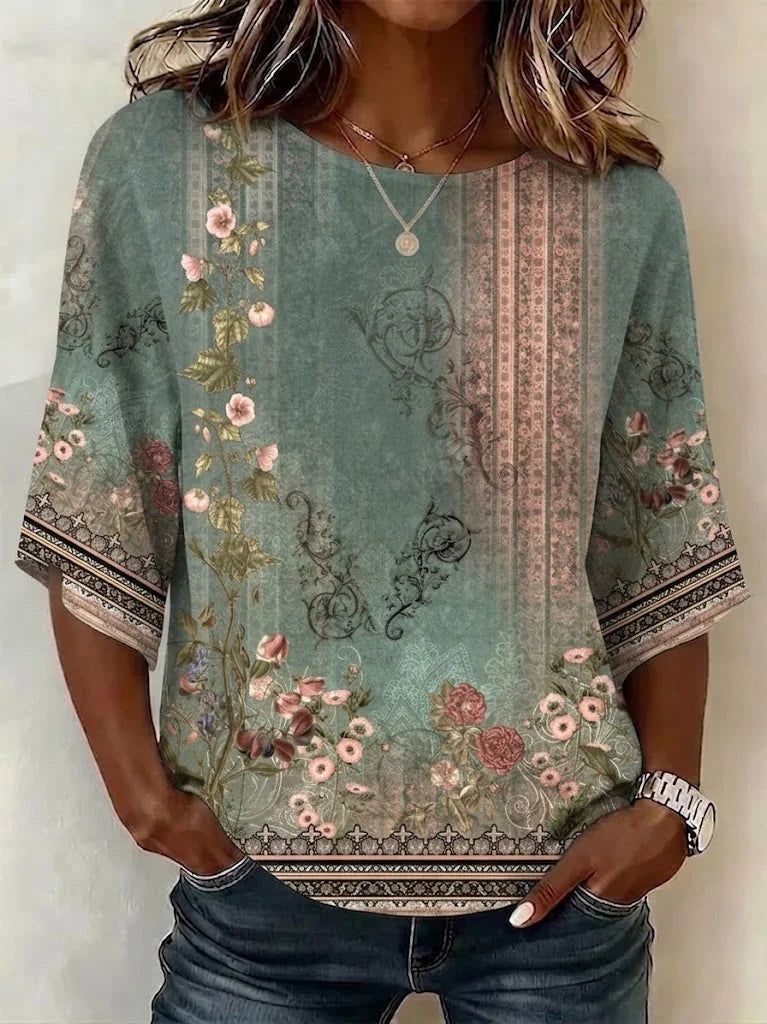 Crew Neck Half Sleeve Floral Printing Regular Fit Blouse For Women