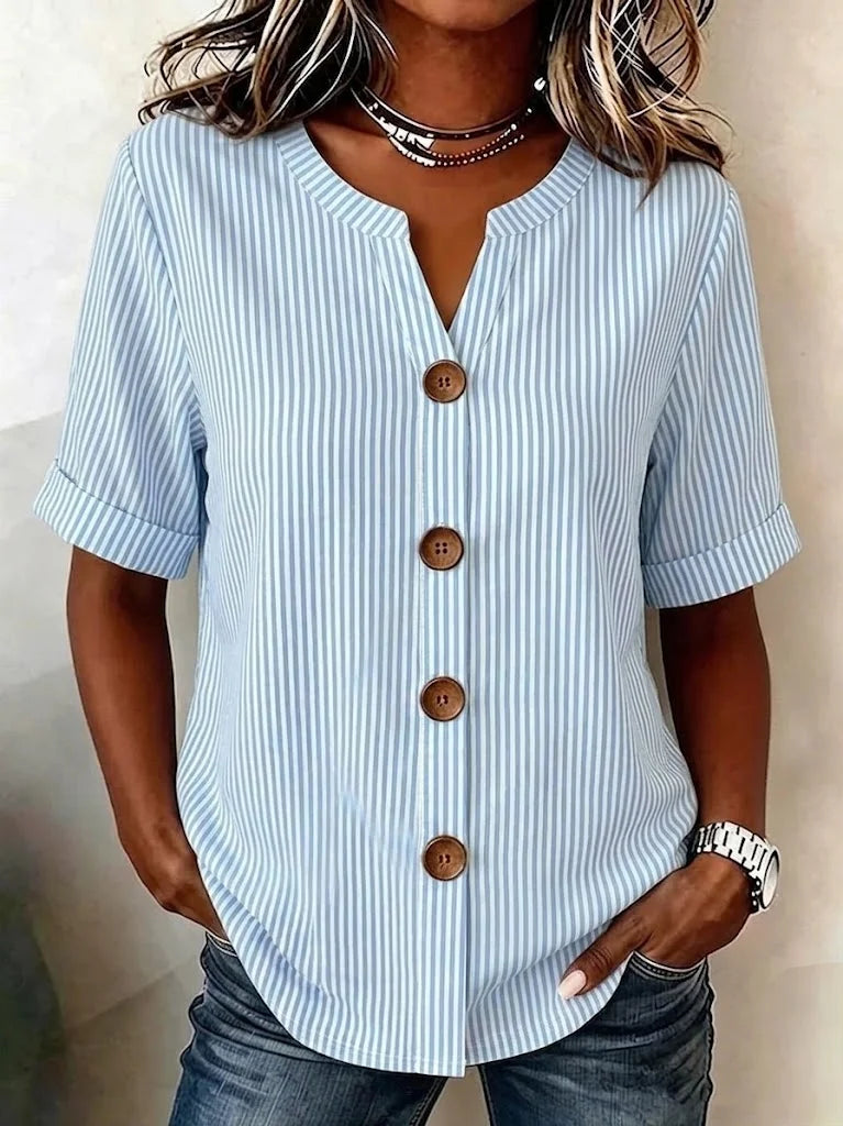 V Neck Short Sleeve Striped Regular Loose Shirt For Women