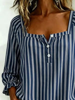Square Neck Three Quarter Sleeve Striped Printing Regular Micro-Elasticity Loose Blouse For Women