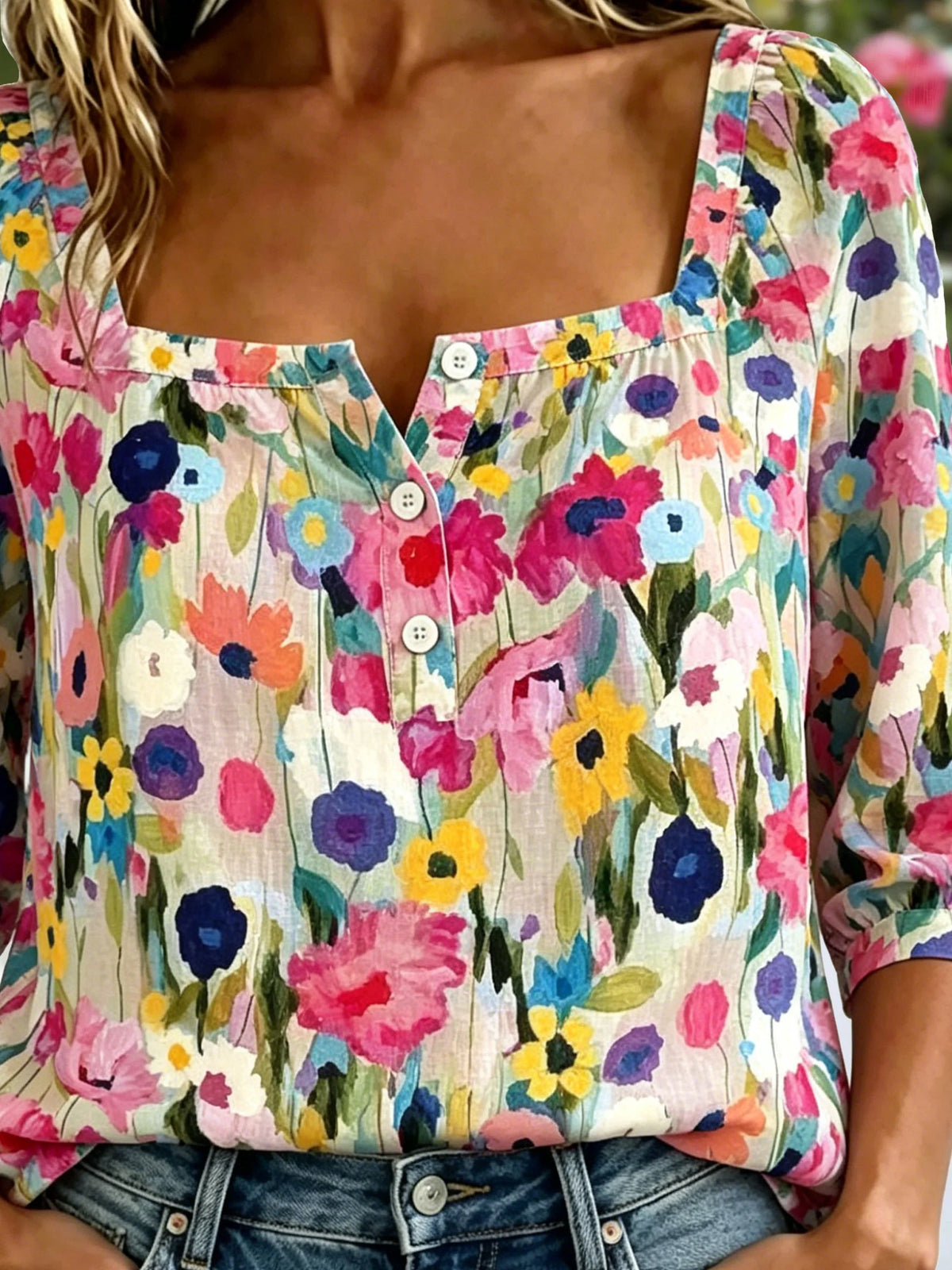 Square Neck Three Quarter Sleeve Floral Regular Micro-Elasticity Loose Blouse For Women