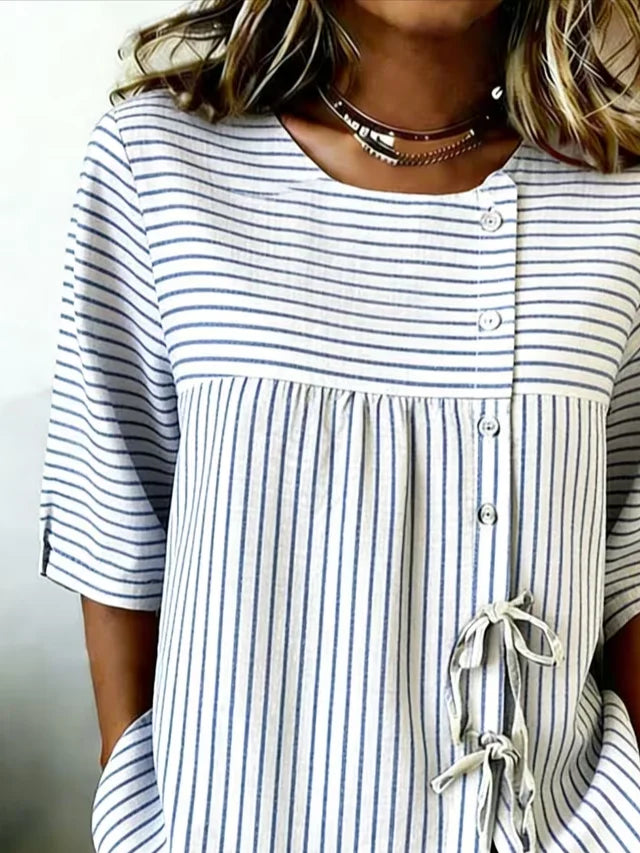 Crew Neck Half Sleeve Striped Regular Micro-Elasticity Loose Shirt For Women
