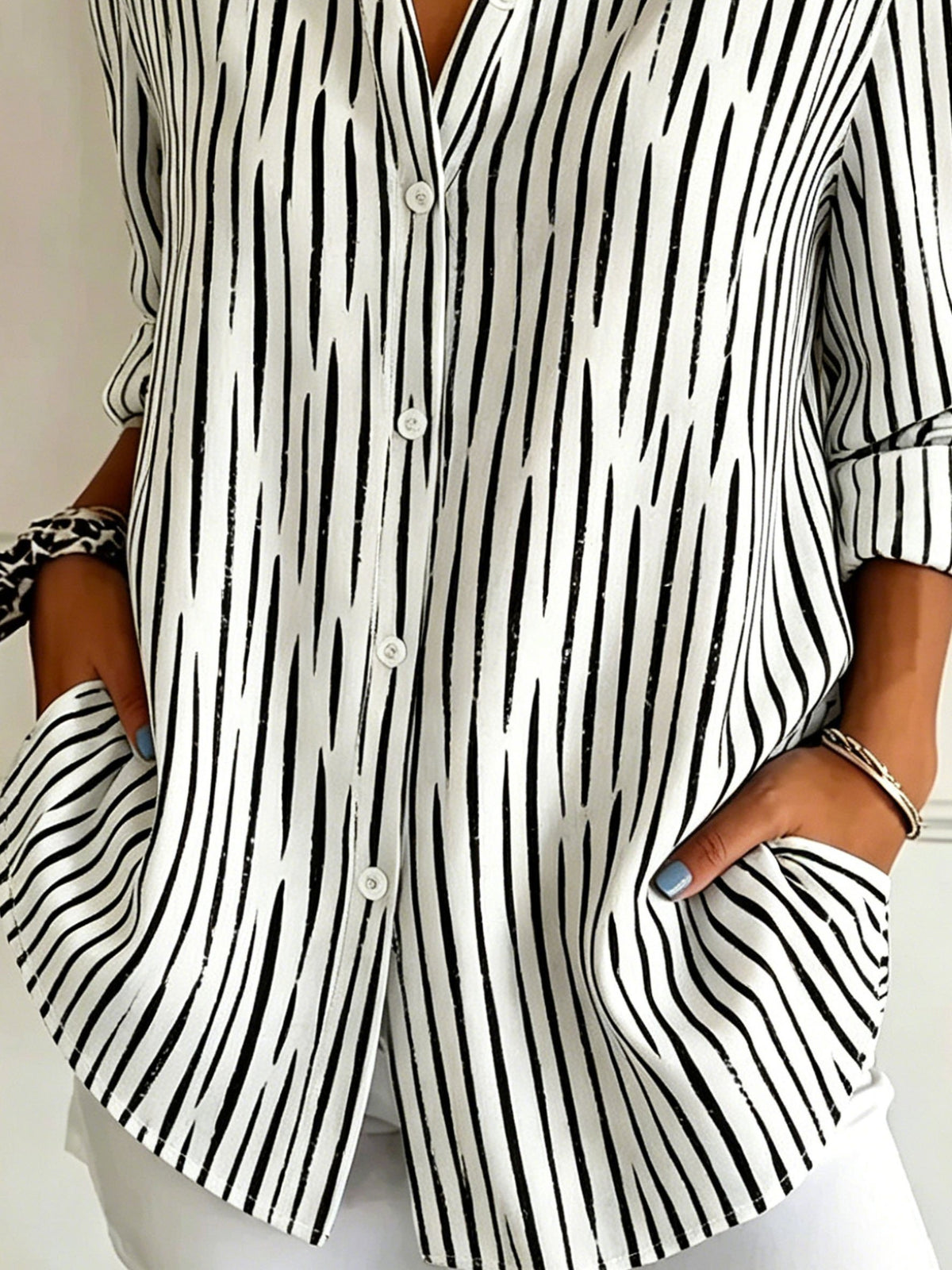 Shawl Collar Long Sleeve Abstract Graphic Regular Loose Shirt For Women