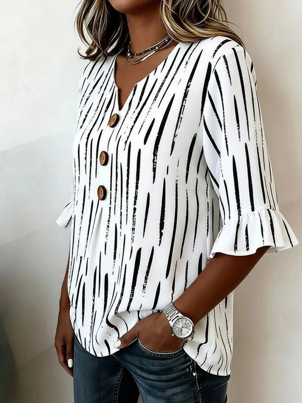 Women's V Neck Half Sleeve Striped Regular Regular Fit Blouse