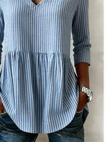 V Neck Long Sleeve Striped Regular Loose Shirt For Women