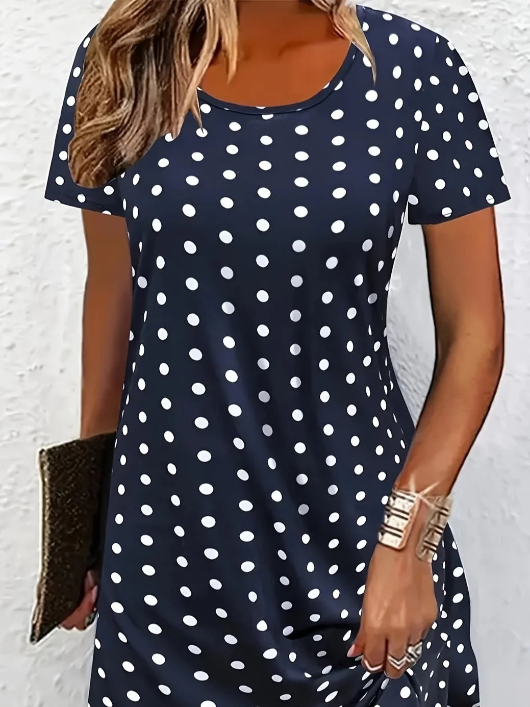 Women Polka Dots Summer Printing Dress Crew Neck Short Sleeve T-Shirt Dress A-Line Dress
