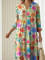 Women Floral Spring/Fall Dress V Neck Long Sleeve H-Line Dress