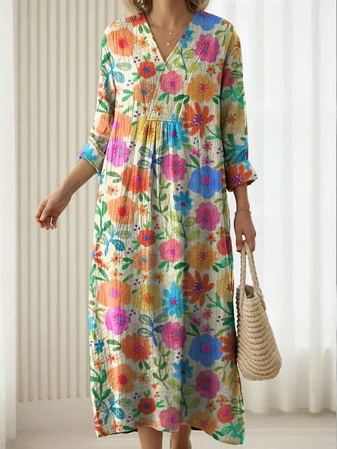Women Floral Spring/Fall Dress V Neck Long Sleeve H-Line Dress