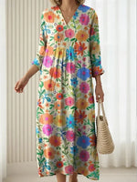 Women Floral Spring/Fall Dress V Neck Long Sleeve H-Line Dress