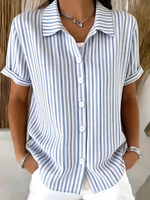 Shawl Collar Short Sleeve Striped Regular Regular Fit Shirt For Women
