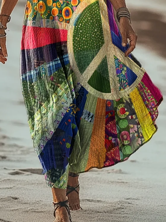 Women Hippie Summer Printing Dress V Neck Short Sleeve T-Shirt Dress H-Line Dress