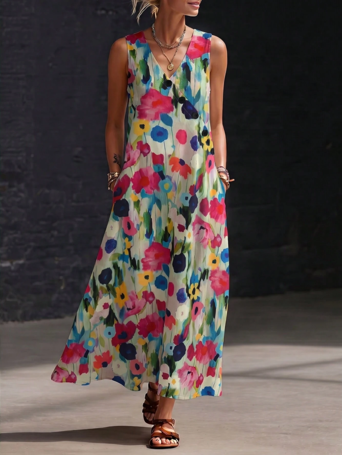 Women Boho Floral Print Sleeveless V Neck Vacation Maxi Dress