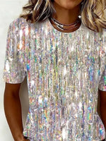 Women Crew Neck Short Sleeve Iridescent Glitter Abstract Loose Graphic T-shirt
