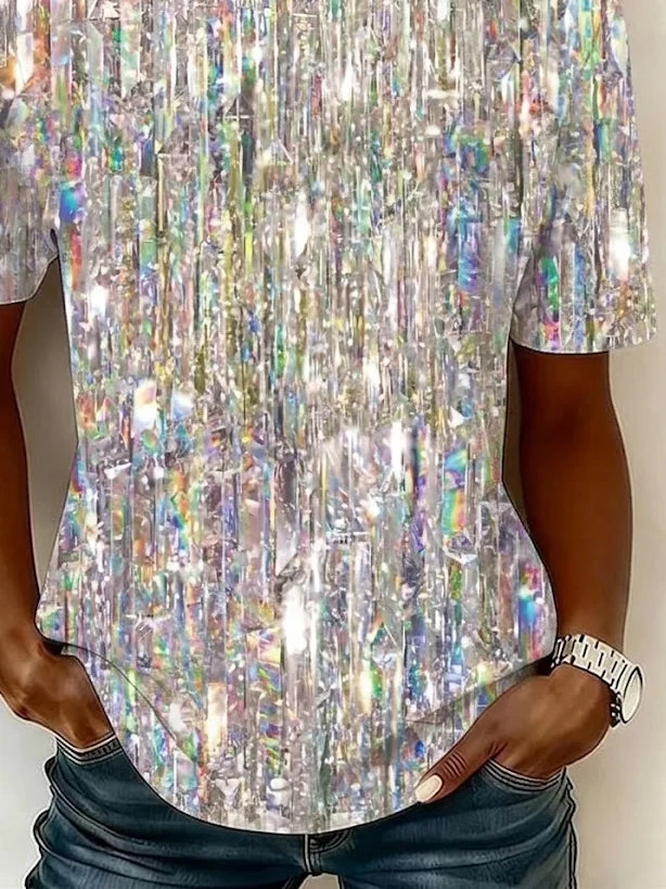 Women Crew Neck Short Sleeve Iridescent Glitter Abstract Loose Graphic T-shirt