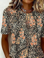 Women Crew Neck Short Sleeve Black Base Small Floral Loose Graphic T-shirt