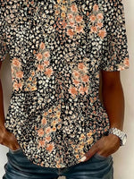 Women Crew Neck Short Sleeve Black Base Small Floral Loose Graphic T-shirt