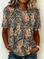 Women Crew Neck Short Sleeve Black Base Small Floral Loose Graphic T-shirt