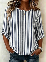 Women Crew Neck Half Sleeve Navy White Vertical Stripe Loose Blouse