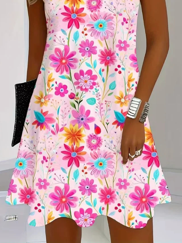 Women Crew Neck Sleeveless Pink Floral Midi Tank A-Line Dress