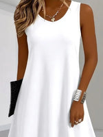 Women Crew Neck Sleeveless White Plain Midi Tank A-Line Dress