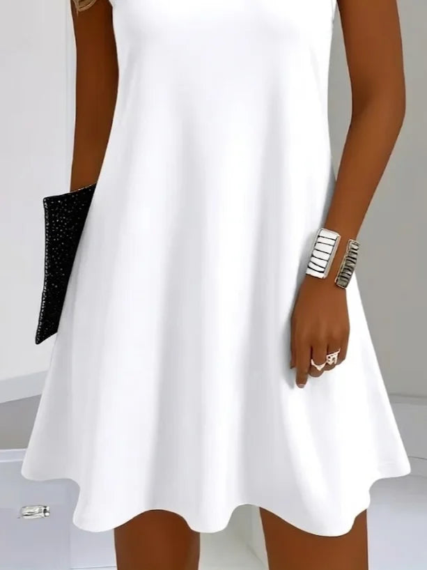 Women Crew Neck Sleeveless White Plain Midi Tank A-Line Dress