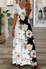 Short Sleeves Lace Paneled V Neck Floral Print Maxi Dress