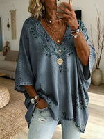 Ethnicity Texture Flowers Women's Art Print Casual Washed Cotton Denim Top