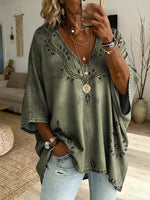 Ethnicity Texture Flowers Women's Art Print Casual Washed Cotton Denim Top