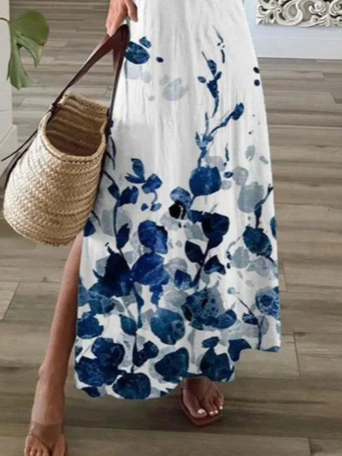 White Base Blue Ink Floral V Neck Short Sleeve Loose Summer Maxi Dress