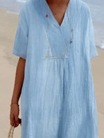 V Neck Button Decor Short Sleeve Loose Linen Blend Midi Dress Casual Beach Dress