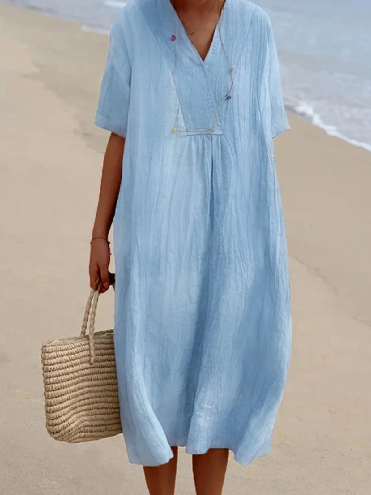V Neck Button Decor Short Sleeve Loose Linen Blend Midi Dress Casual Beach Dress
