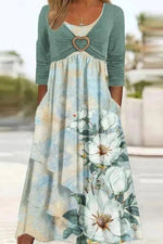 Green Floral Print Round Neck Long Sleeves Midi Dress