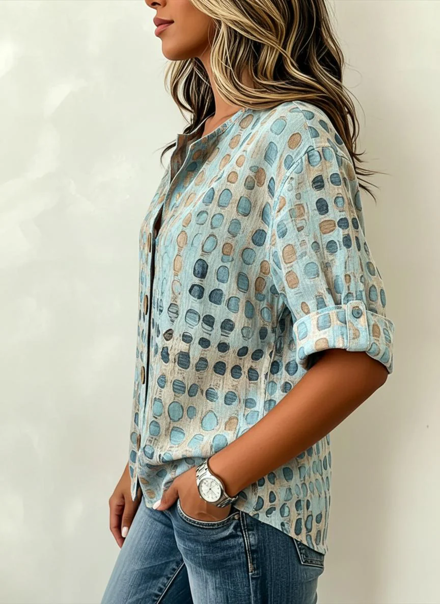 Vintage Polka Dot Print Stand Collar Rolled Short Sleeve Button Down Casual Shirt