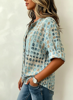 Vintage Polka Dot Print Stand Collar Rolled Short Sleeve Button Down Casual Shirt