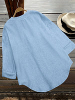 Blue White Vertical Striped Notched V Neck Long Sleeve Button Down Casual Blouse