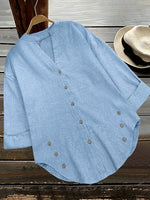 Blue White Vertical Striped Notched V Neck Long Sleeve Button Down Casual Blouse