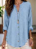 Blue White Vertical Striped Notched V Neck Long Sleeve Button Down Casual Blouse