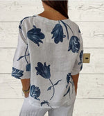 Navy Tulip Floral Print Linen Cotton V Neck 3/4 Sleeve Button Casual Shirt