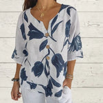 Navy Tulip Floral Print Linen Cotton V Neck 3/4 Sleeve Button Casual Shirt