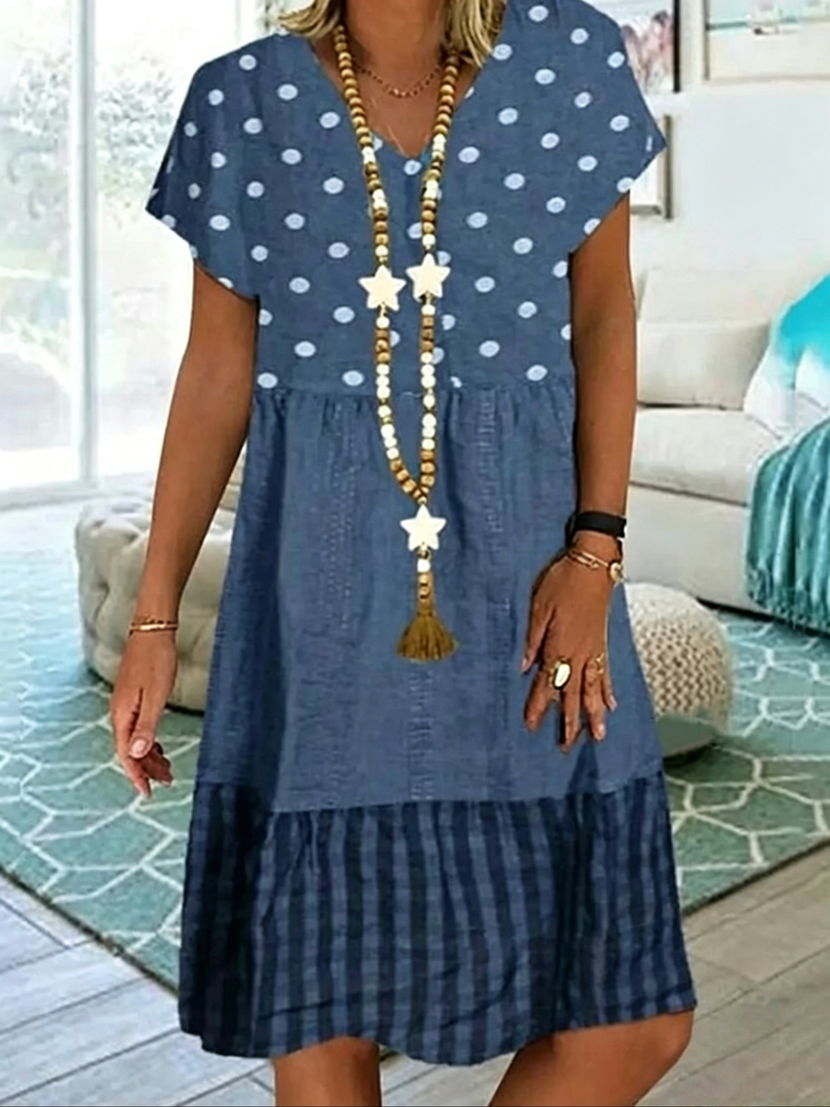Plus Size Polka Dot Short Sleeve V-Neck Summer Casual Tiered Midi Dress for Women