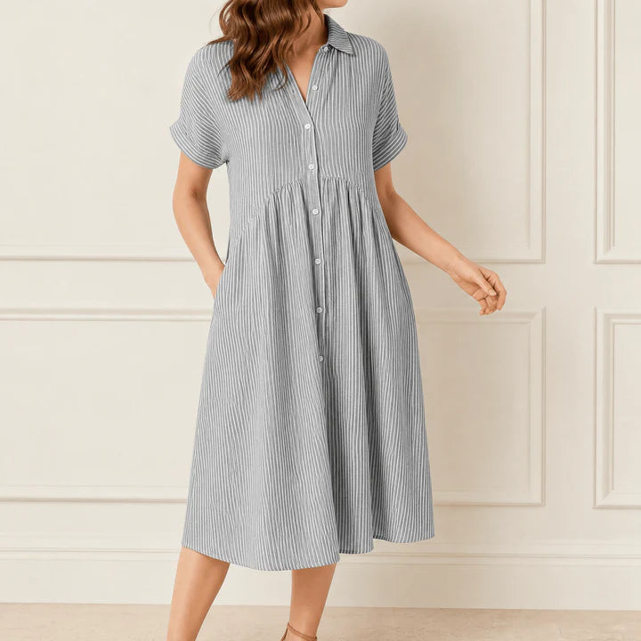 Linara Striped Button Front Midi Shirt Dress with Rolled Short Sleeves & Side Pockets