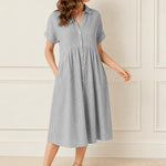 Linara Striped Button Front Midi Shirt Dress with Rolled Short Sleeves & Side Pockets