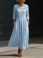 Women's Asymmetric Button Collar 3/4 Sleeve Cotton Linen Midi Dress With Side Pockets