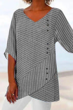 Buckle V Neck Stripe Print Half Sleeves Blouse