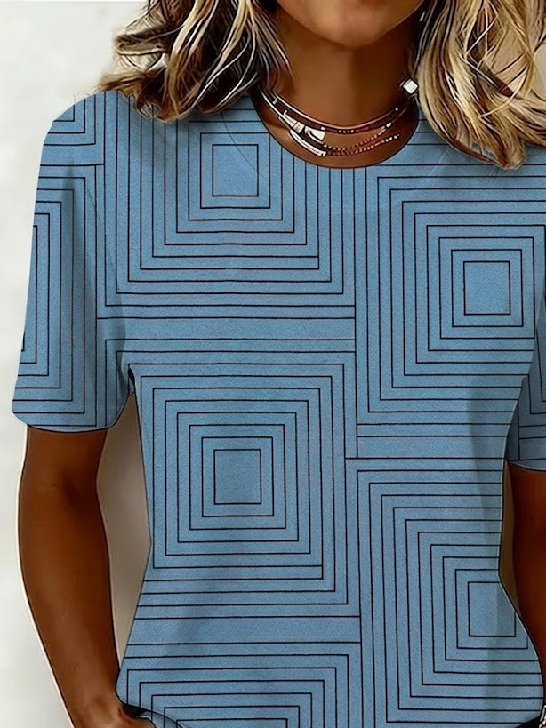 Geometric Square Line Print Crew Neck Short Sleeve Curved Hem Casual T-Shirt