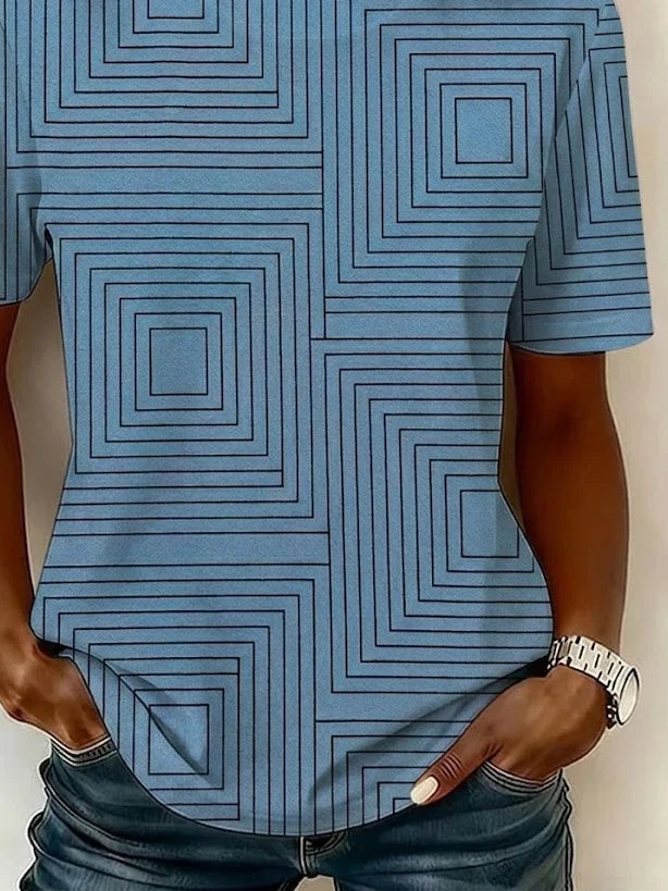 Geometric Square Line Print Crew Neck Short Sleeve Curved Hem Casual T-Shirt