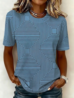 Geometric Square Line Print Crew Neck Short Sleeve Curved Hem Casual T-Shirt