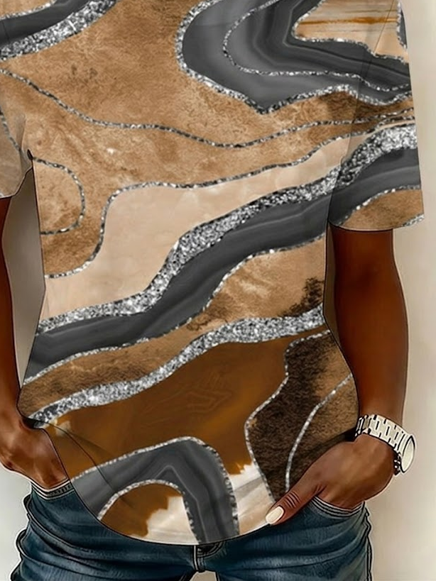 Marble Glitter Abstract Print Crew Neck Short Sleeve Curved Hem Casual T-Shirt