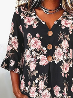 Black Base Pink Floral V Neck Ruffle Half Sleeve Wooden Button Casual Blouse